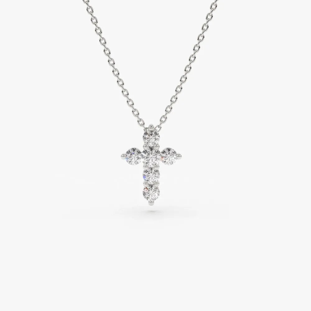 14K Solid Gold Round Diamond Medium Cross Pendant Necklace Prong Setting 0.42ctw