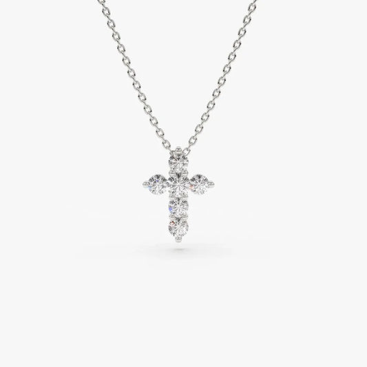 14K Solid Gold Round Diamond Medium Cross Pendant Necklace Prong Setting 0.42ctw