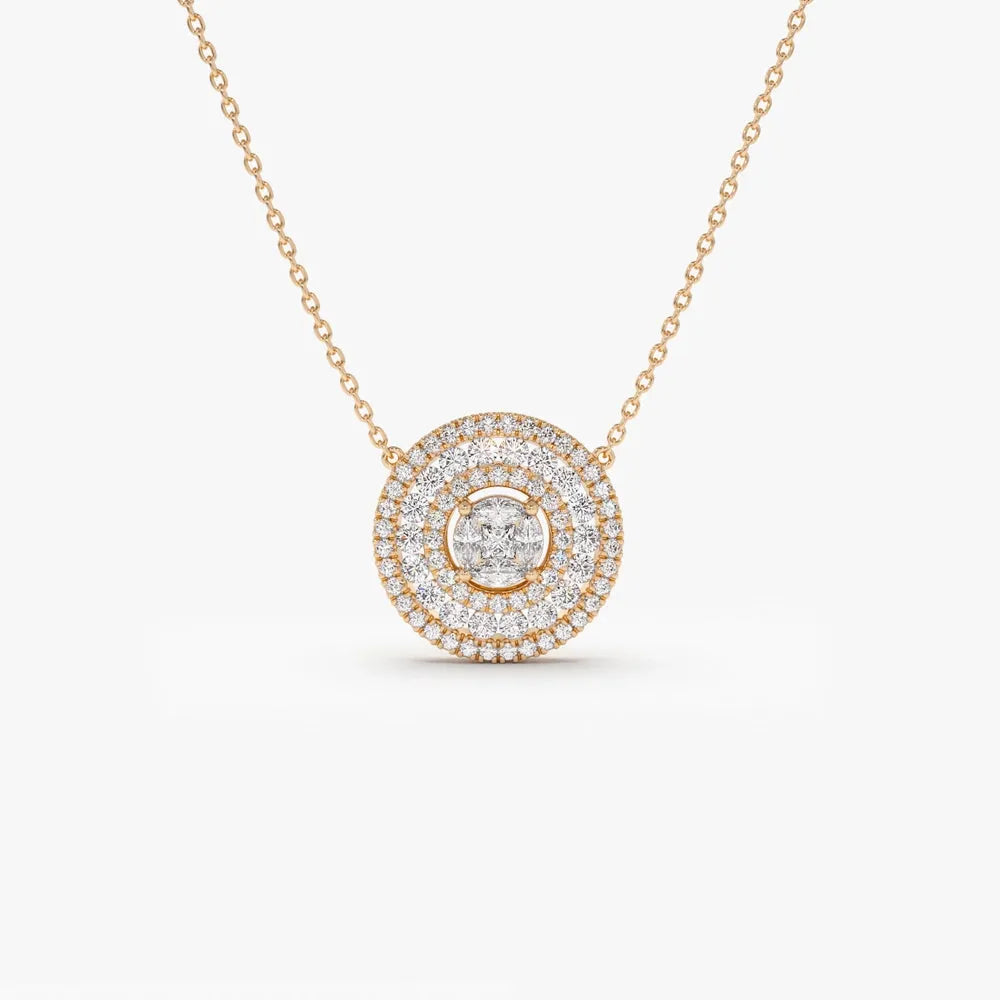14K Solid Gold Round Marquise and Princess Cut Diamond Illusion Halo Pendant Necklace 0.84ctw