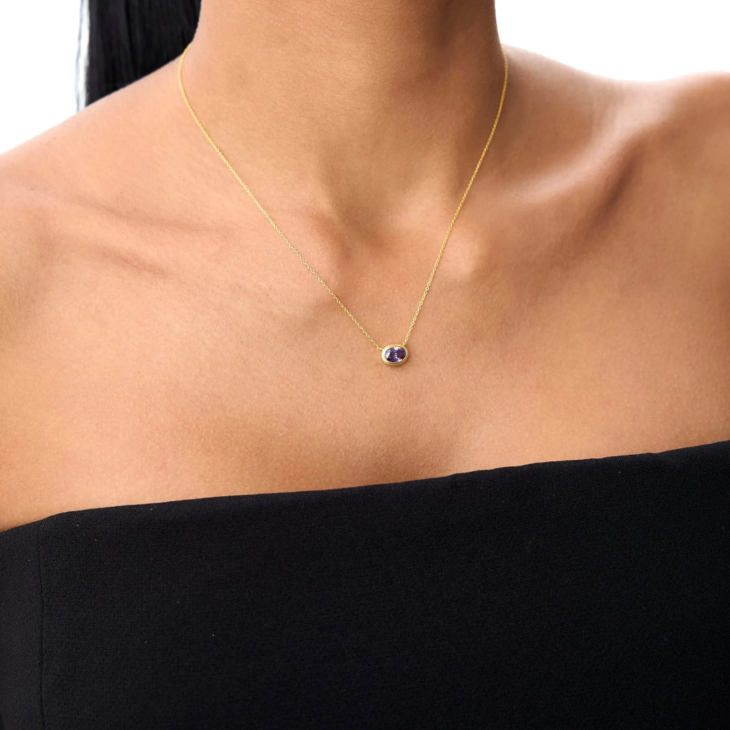 14k Solid Gold Amethyst Oval Necklace 0.75 Carat Bezel Setting