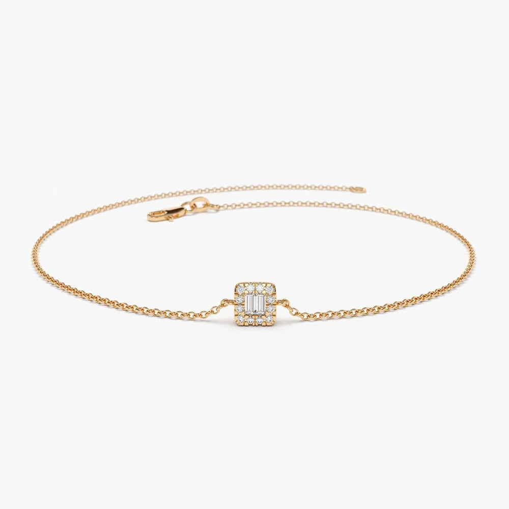14K Solid Gold Baguette and Round Diamond Station Bracelet 0.10 Carat