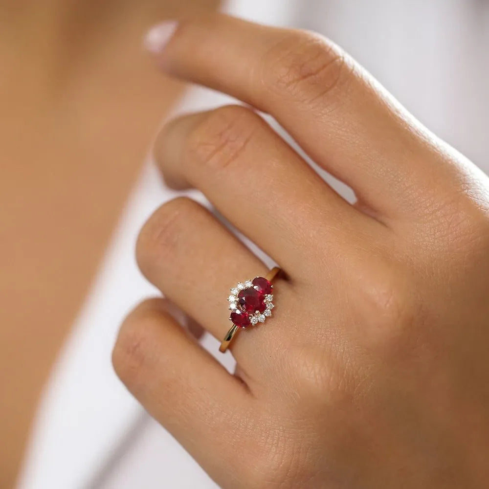14k Gold Ruby and Diamond Oval Cut Three Stone Cluster Ring 1.39 ctw