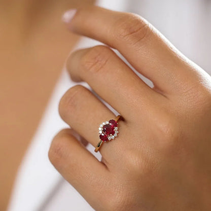 14k Gold Ruby and Diamond Oval Cut Three Stone Cluster Ring 1.39 ctw