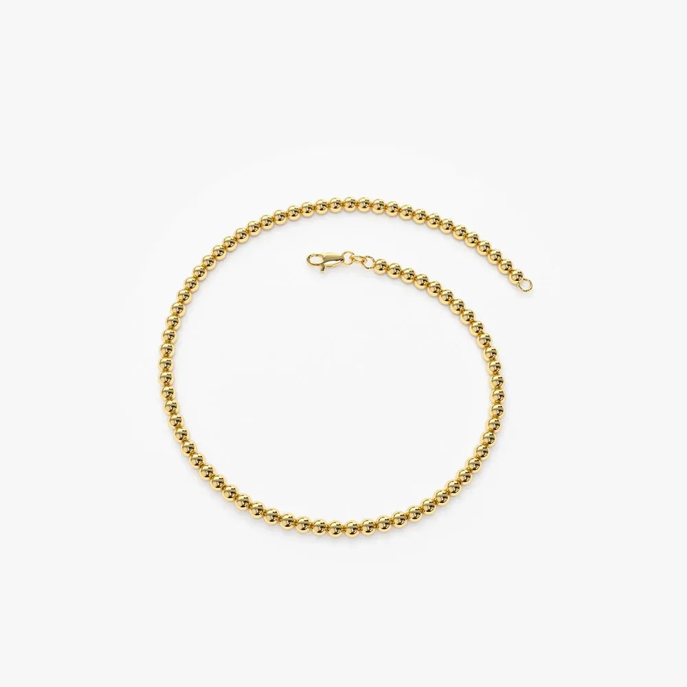 14K Solid Gold 2.5MM Beaded Chain Layering Bracelet