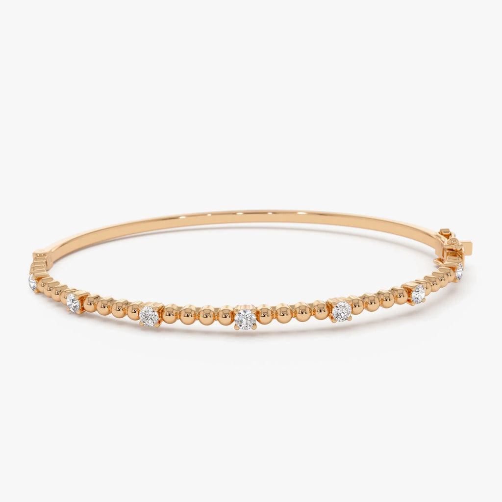 14K Solid Gold 0.35 CTW Round Diamond Beaded Bangle