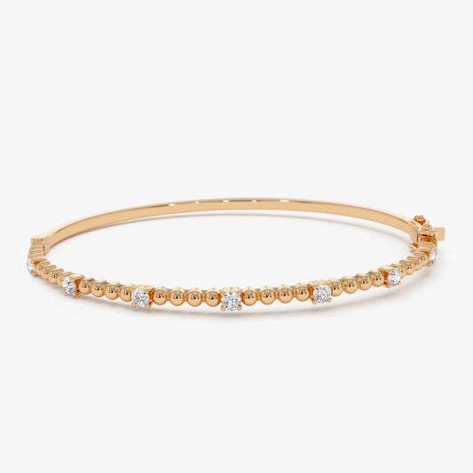 14K Solid Gold 0.35 CTW Round Diamond Beaded Bangle