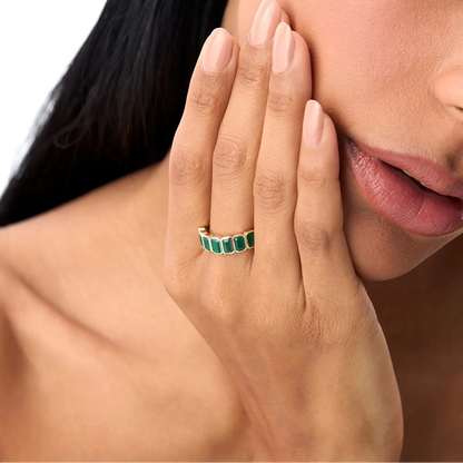 14K Solid Gold Octagon Emerald Seven Stone Bezel Set Ring 2.05 CTW