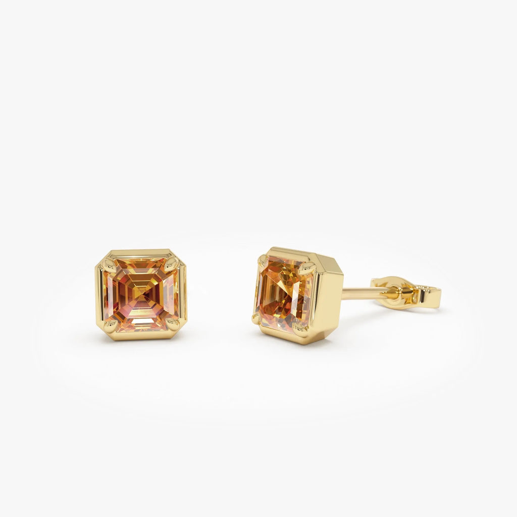 14K Solid Gold Asscher Cut Citrine Stud Earrings 1.20ctw