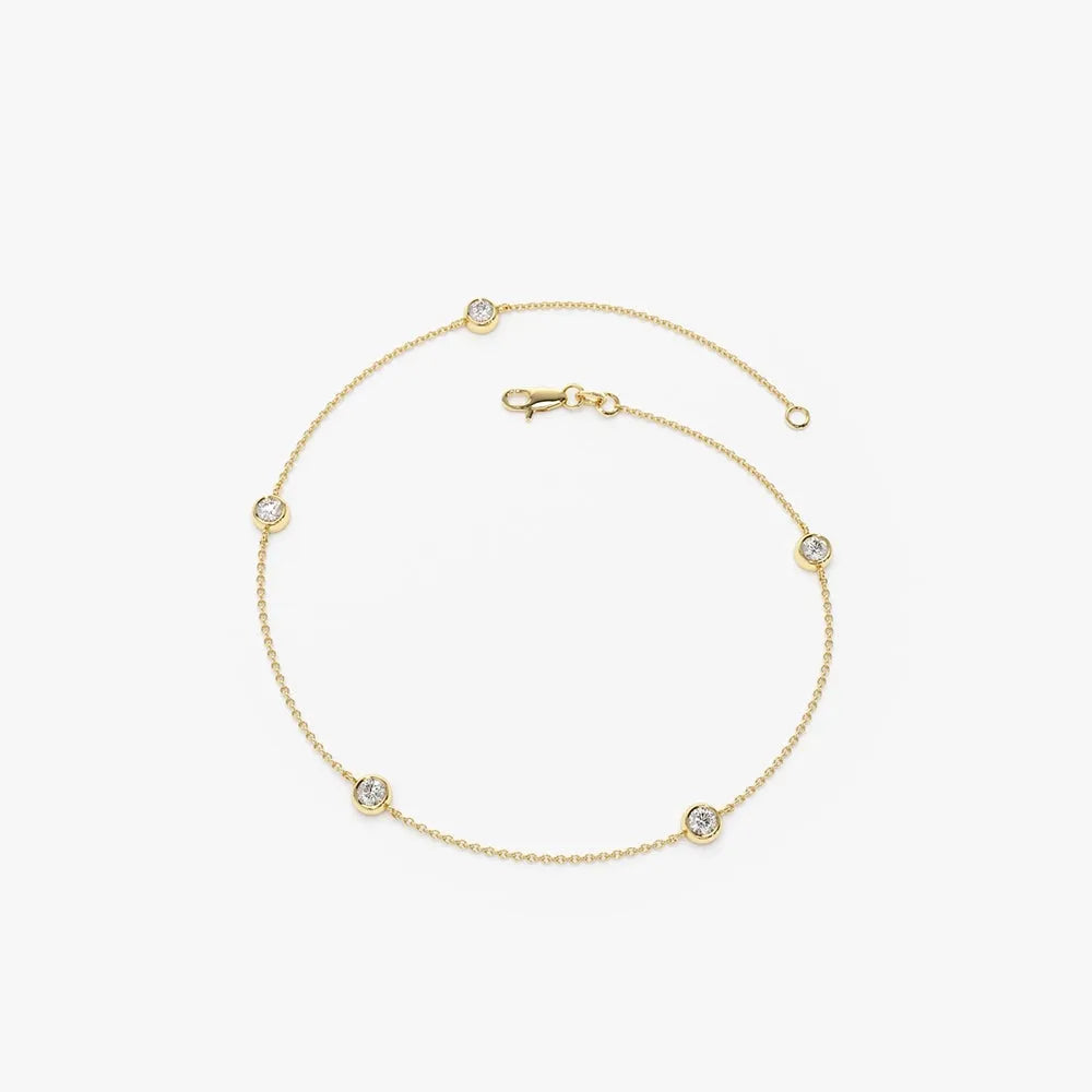 14K Solid Gold Round Diamond 5 Stone by the Yard Bracelet Bezel Setting 0.50 Carat