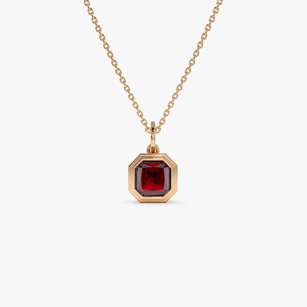 14k Solid Gold Garnet Asscher Cut Necklace 1.35 Carat Bezel Setting