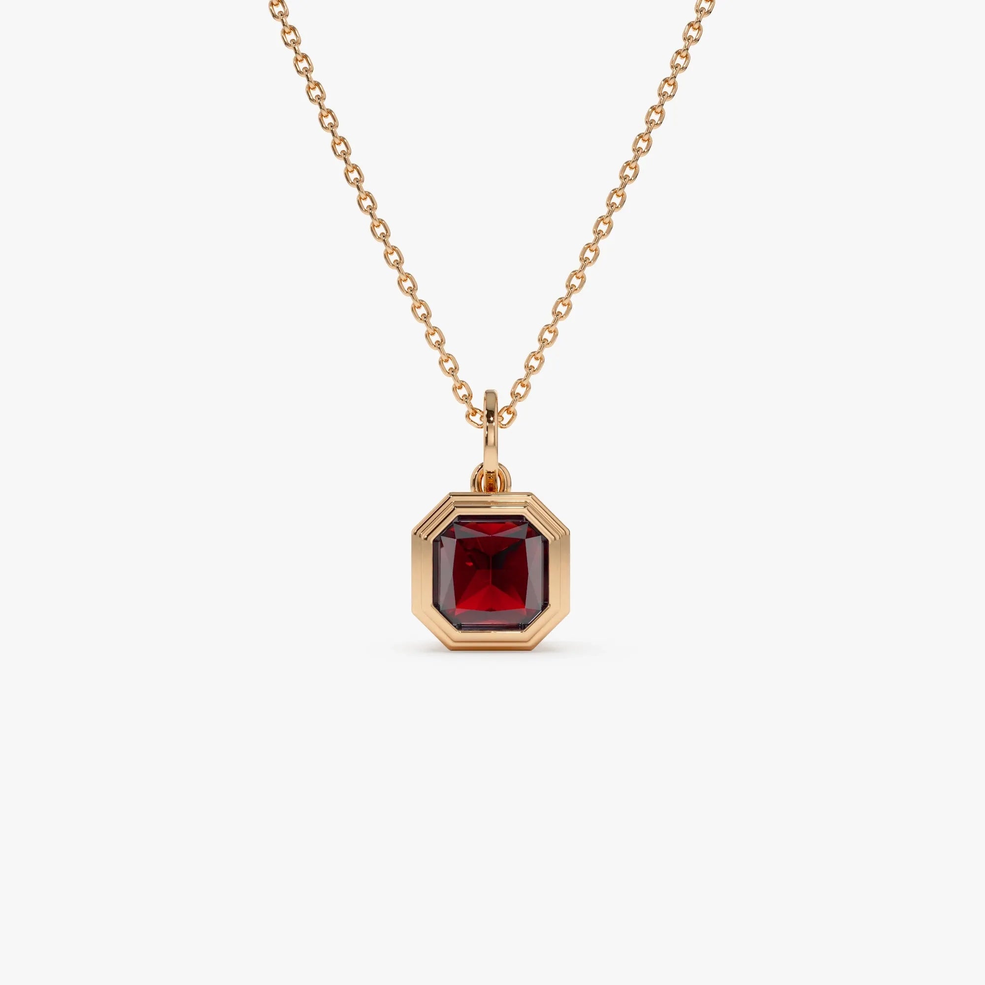 14k Solid Gold Garnet Asscher Cut Necklace 1.35 Carat Bezel Setting