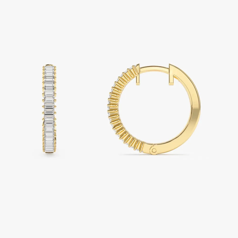 14k Gold Diamond Baguette Cut Hoop Earrings Prong Setting 0.48 ctw