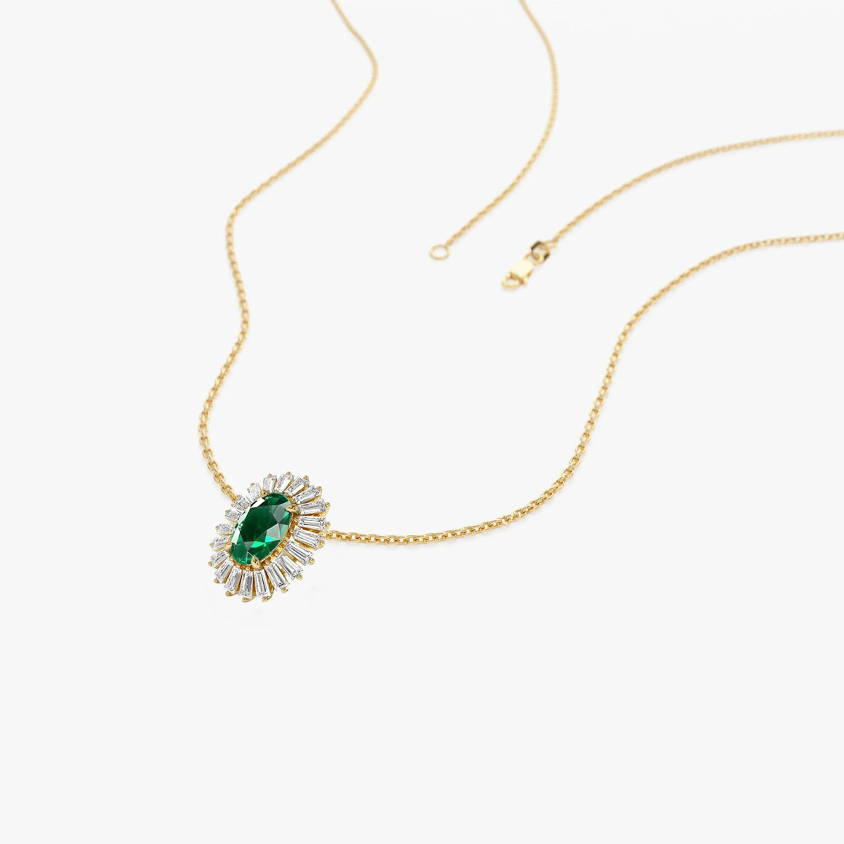 14k Solid Gold Oval Emerald 0.45 CTW and Baguette Diamond 0.20 CTW Halo Pendant Necklace