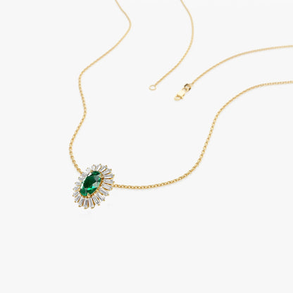 14k Solid Gold Oval Emerald 0.45 CTW and Baguette Diamond 0.20 CTW Halo Pendant Necklace