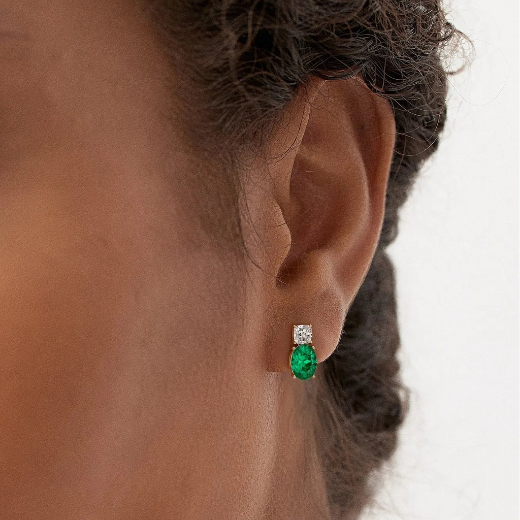 14k Gold Lab Grown Colombian Emerald and Diamond Oval and Cushion Cut Two-Stone Stud Earrings 3.00 ctw