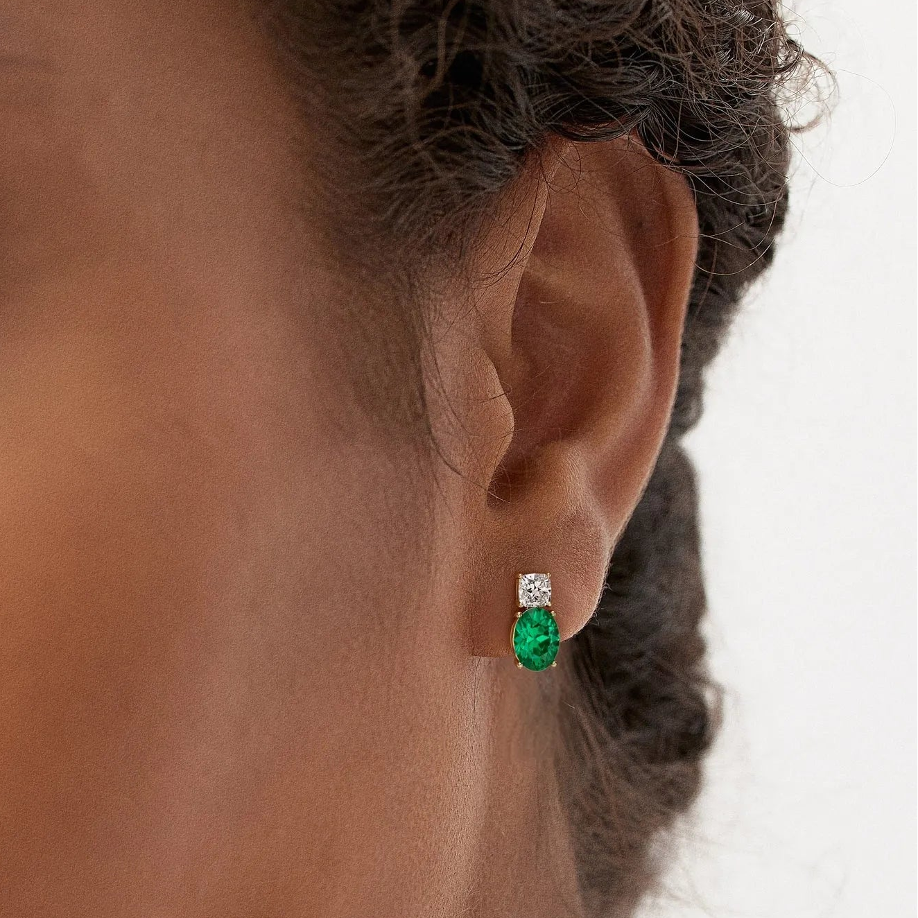 14k Gold Lab Grown Colombian Emerald and Diamond Oval and Cushion Cut Two-Stone Stud Earrings 3.00 ctw