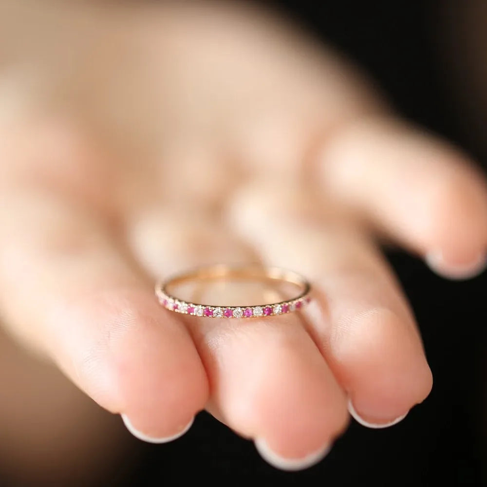 14k Gold Ruby and Diamond Round Cut Alternating Eternity Ring 0.38 ctw