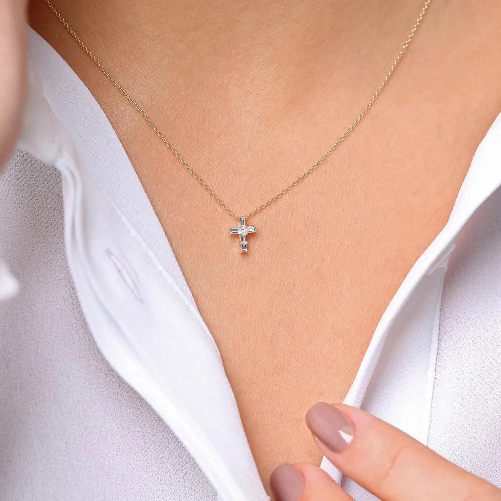 14K Solid Gold Baguette and Princess Cut Diamond Cross Pendant Necklace 0.15ctw
