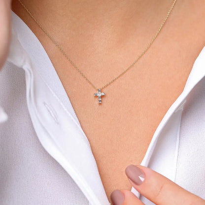 14K Solid Gold Baguette and Princess Cut Diamond Cross Pendant Necklace 0.15ctw