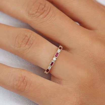 14k Gold Ruby and Diamond Baguette and Round Cut Milgrain Bezel Ring 0.47 ctw