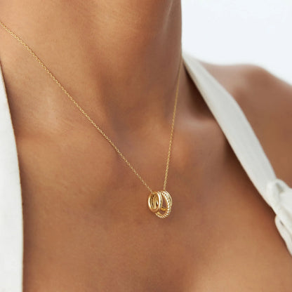 14k Solid Gold Three Ring Eternity Circle Necklace with Twisted and Plain Linked Detail