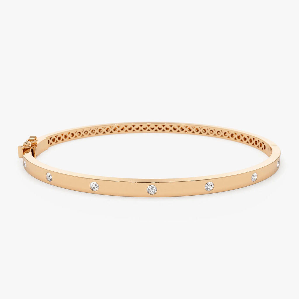 14K Solid Gold 0.22 CTW Round Diamond Flat Flush Setting Stacking Bangle