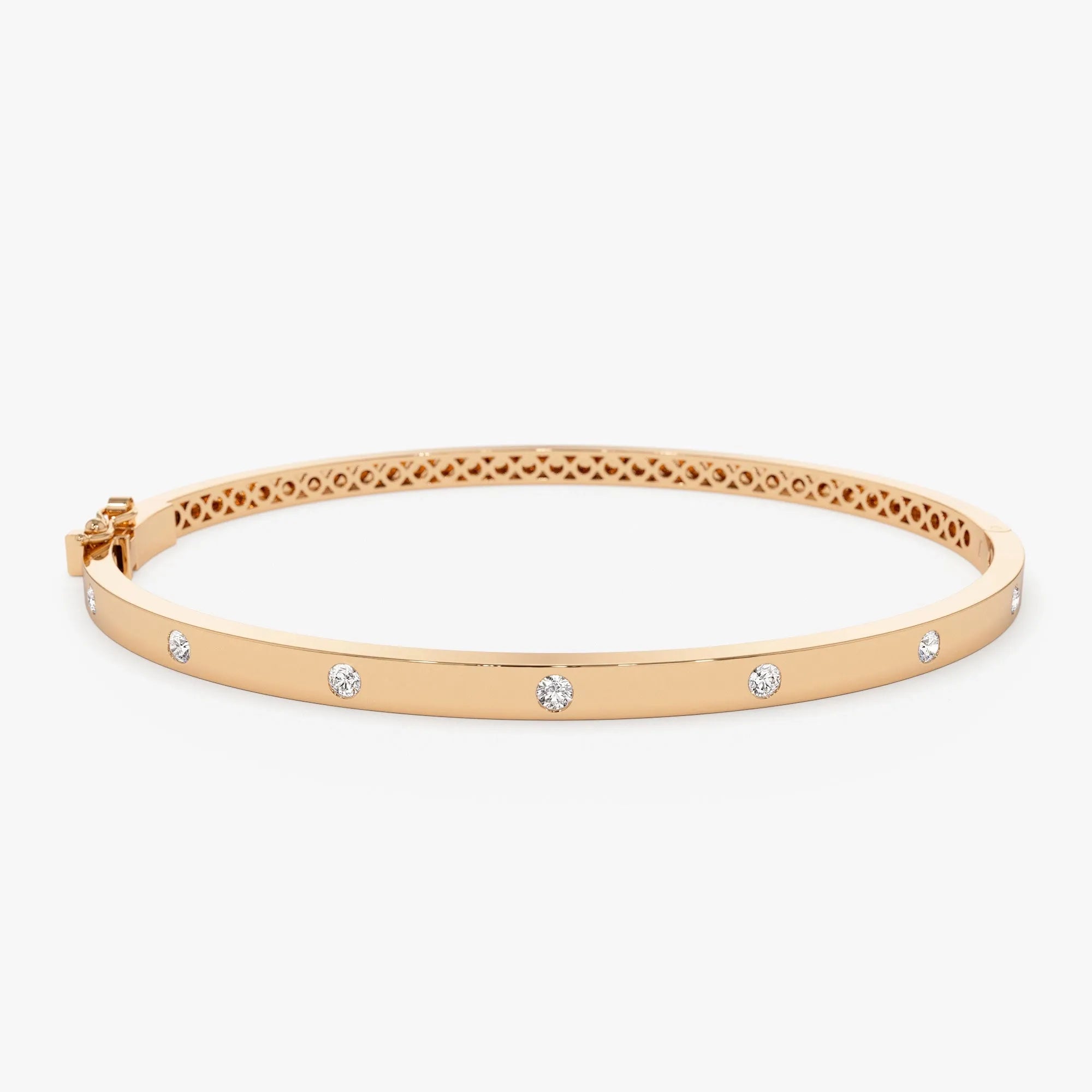 14K Solid Gold 0.22 CTW Round Diamond Flat Flush Setting Stacking Bangle