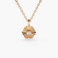 14K Solid Gold Round Diamond Hexagon Disc Ray Pendant Necklace 0.07ctw