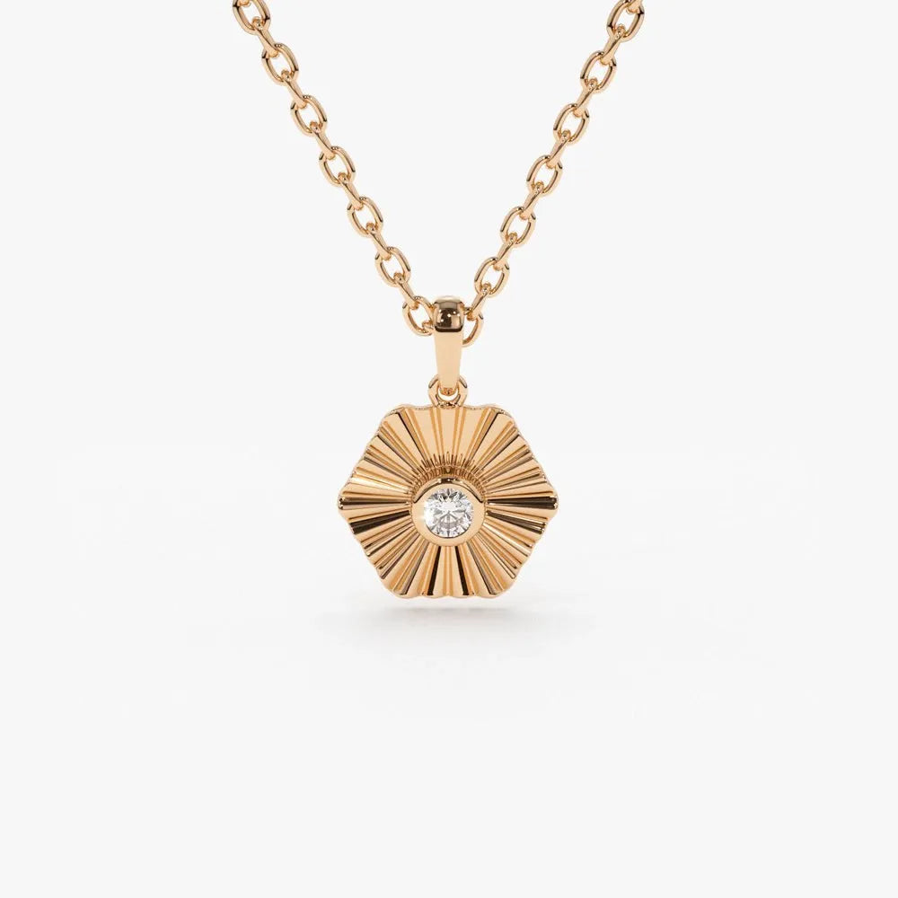 14K Solid Gold Round Diamond Hexagon Disc Ray Pendant Necklace 0.07ctw
