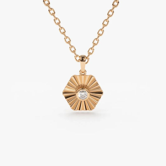 14K Solid Gold Round Diamond Hexagon Disc Ray Pendant Necklace 0.07ctw