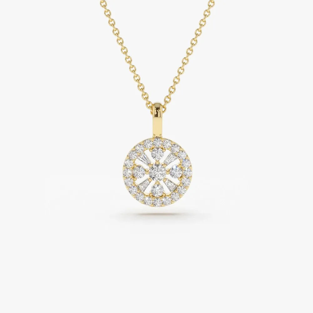 14K Solid Gold Baguette and Round Diamond Charm Necklace 0.32ctw