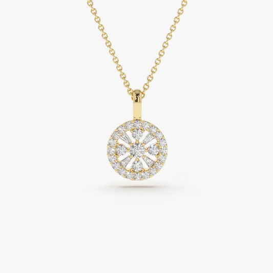 14K Solid Gold Baguette and Round Diamond Charm Necklace 0.32ctw