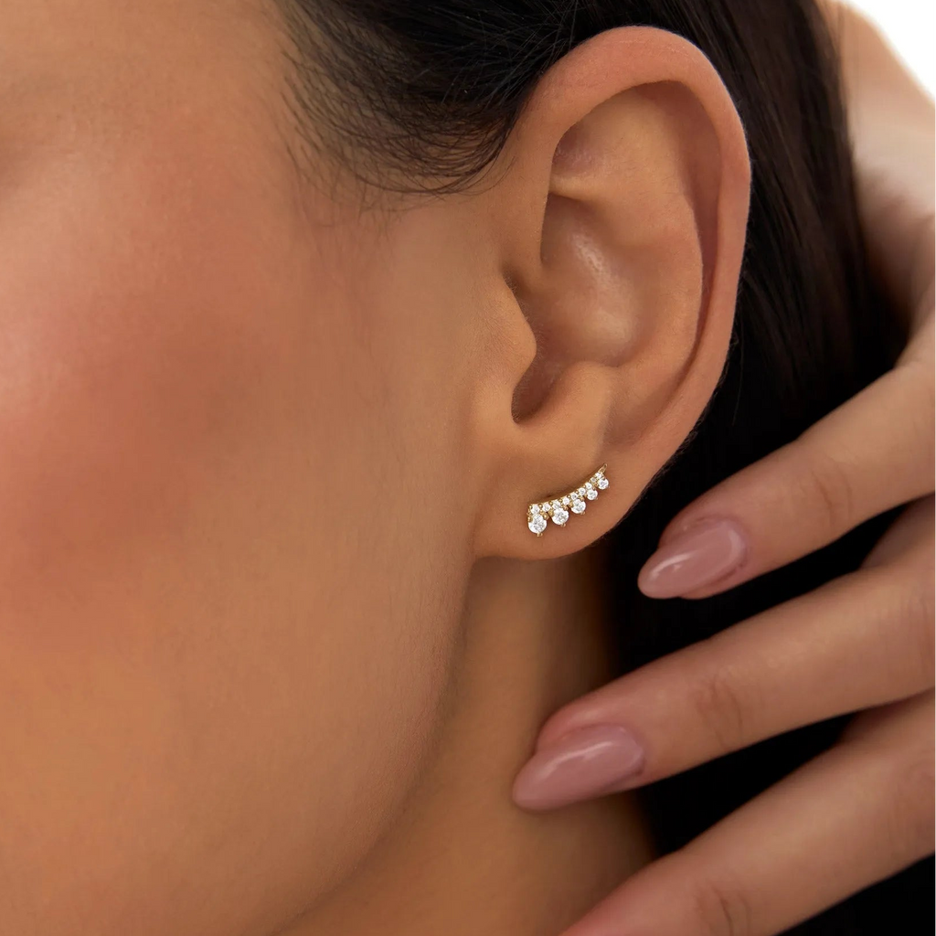 14k Gold Diamond Round Cut Graduating Ear Climber Stud Earrings 0.31 ctw