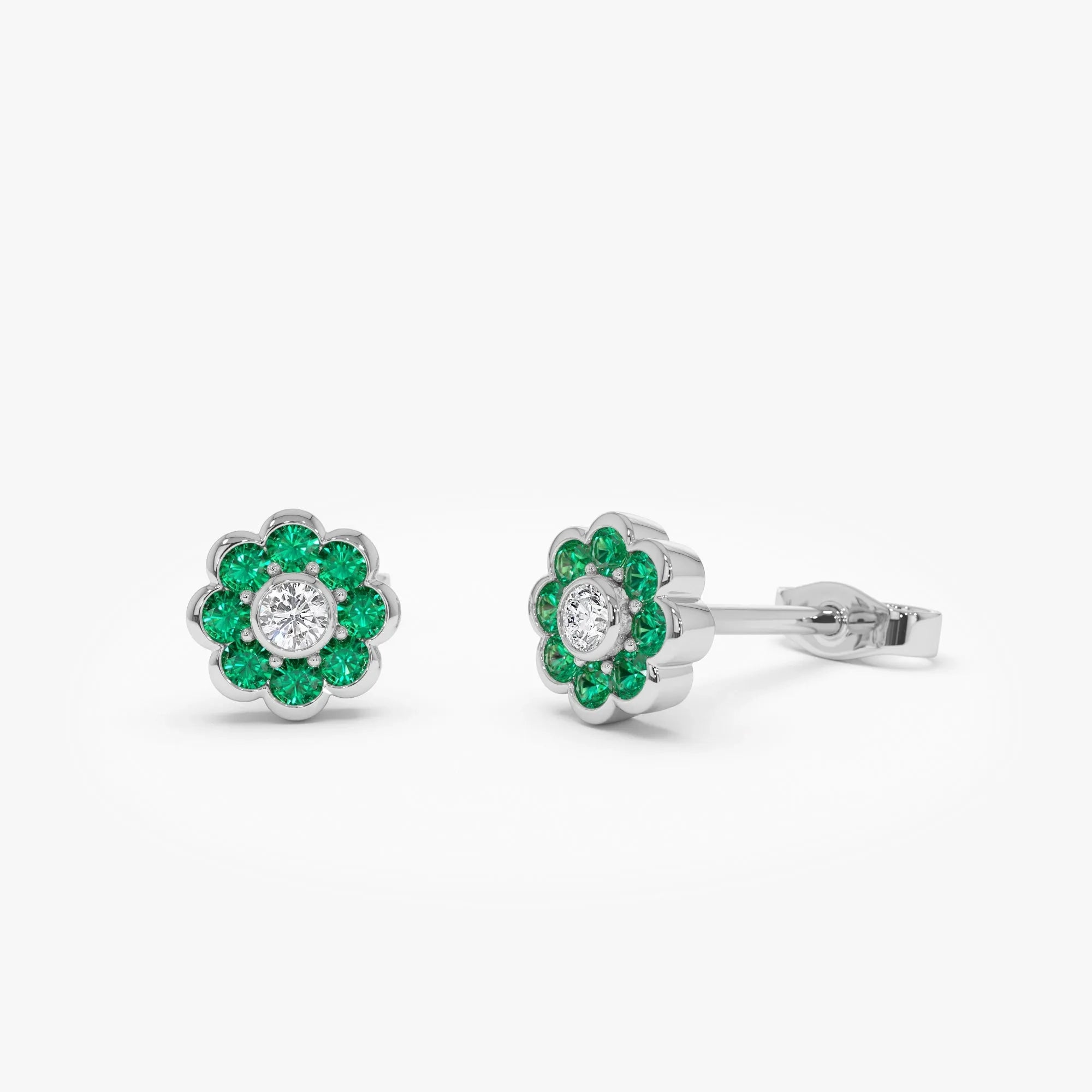 14k Solid Gold Round Emerald and Diamond Flower Bezel Set Stud Earrings 0.49 ctw