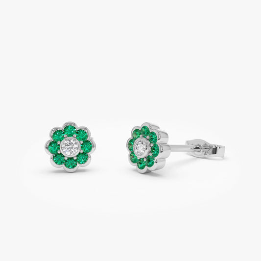 14k Solid Gold Round Emerald and Diamond Flower Bezel Set Stud Earrings 0.49 ctw