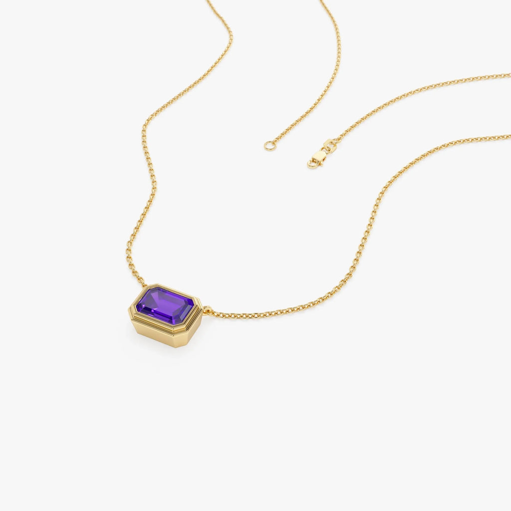 14k Solid Gold Amethyst Emerald Cut Necklace 0.95 Carat Bezel Setting