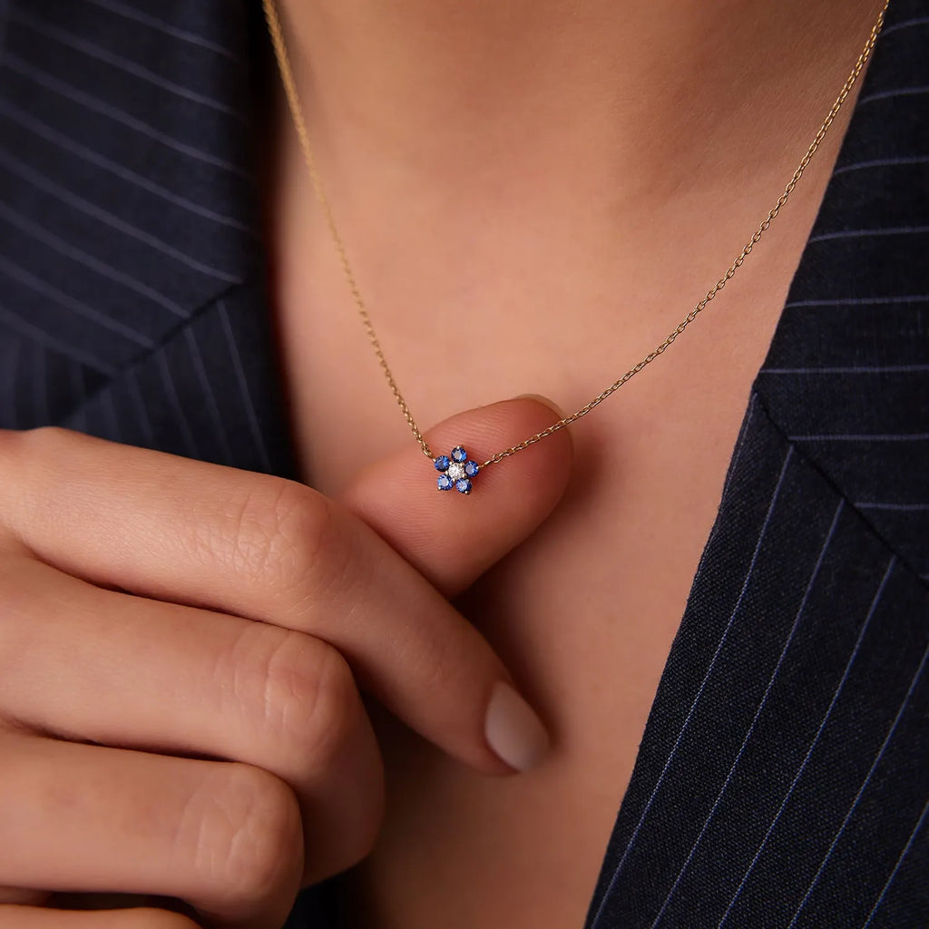 14k Solid Gold Round Sapphire 0.12 CTW and Diamond 0.04 CTW Flower Charm Necklace Prong Setting