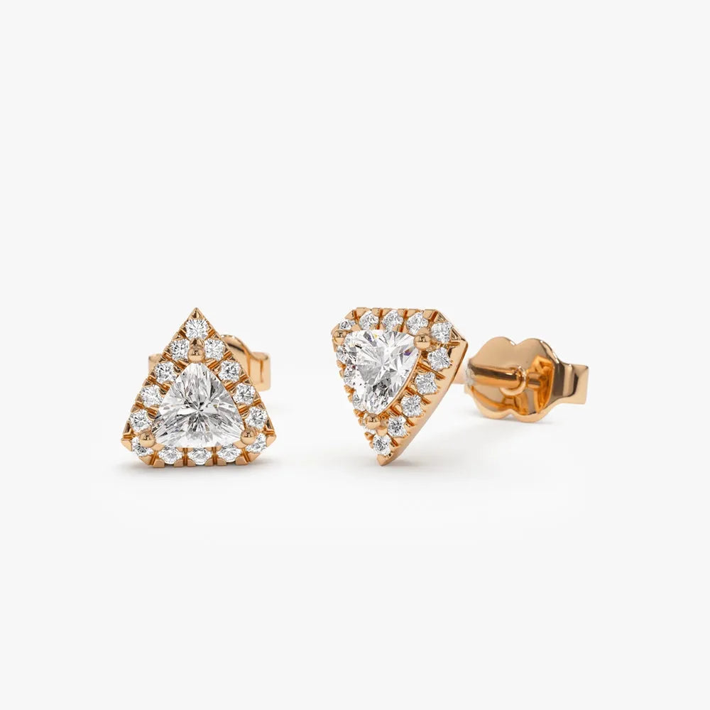 14k Gold Diamond Trillion Round Cut Petite Halo Setting Stud Earrings 0.30 ctw