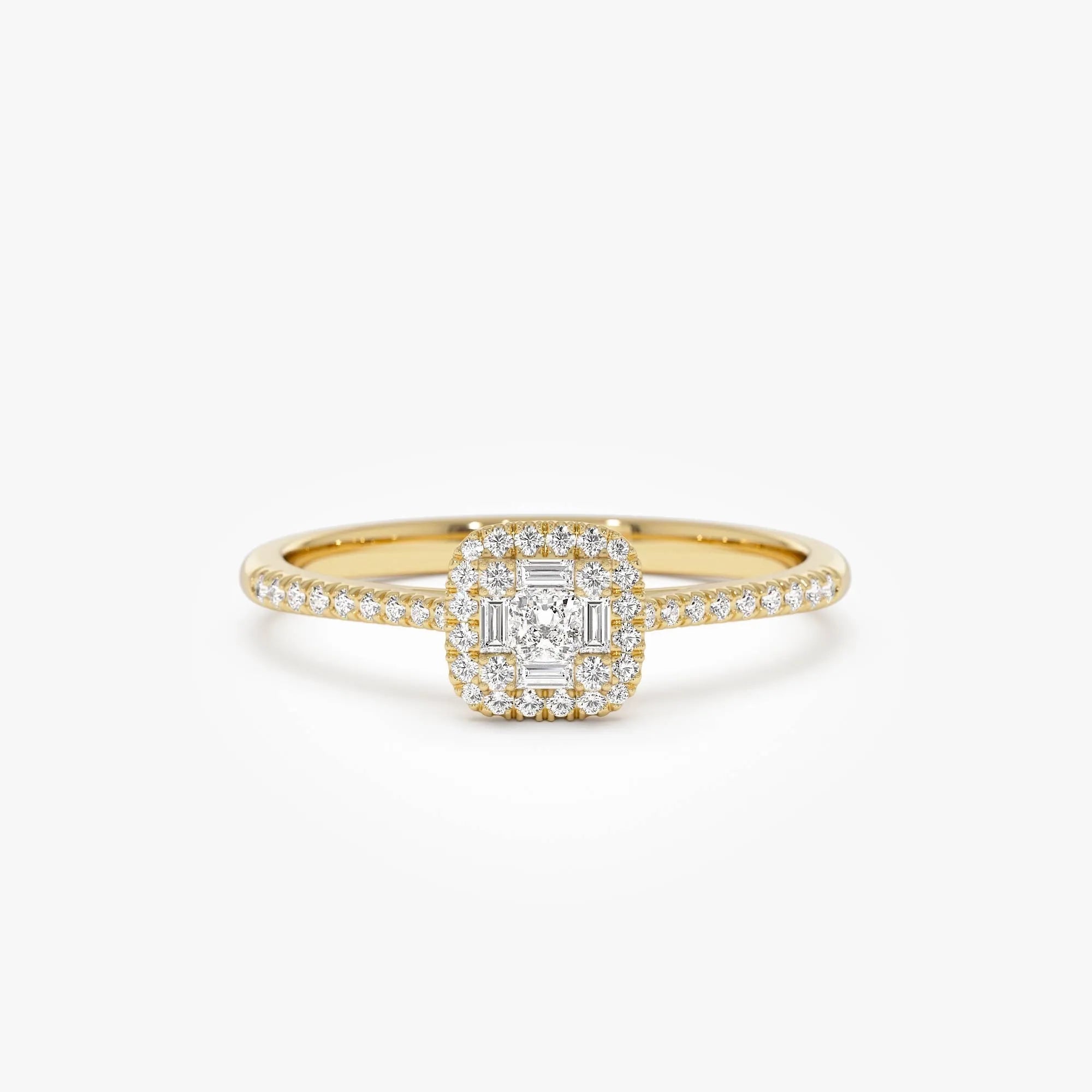 14k Gold 0.25 CTW Round Baguette and Princess Cut Diamond Halo Ring