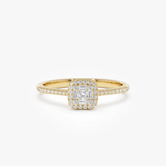 14k Gold 0.25 CTW Round Baguette and Princess Cut Diamond Halo Ring