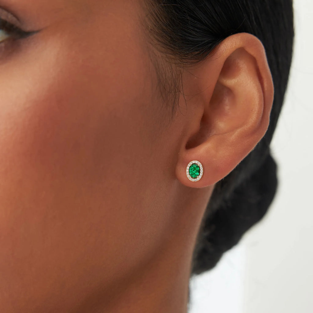 14k Gold Lab Grown Colombian Emerald and Lab Grown Diamond Oval Cut Halo Stud Earrings 1.86 ctw