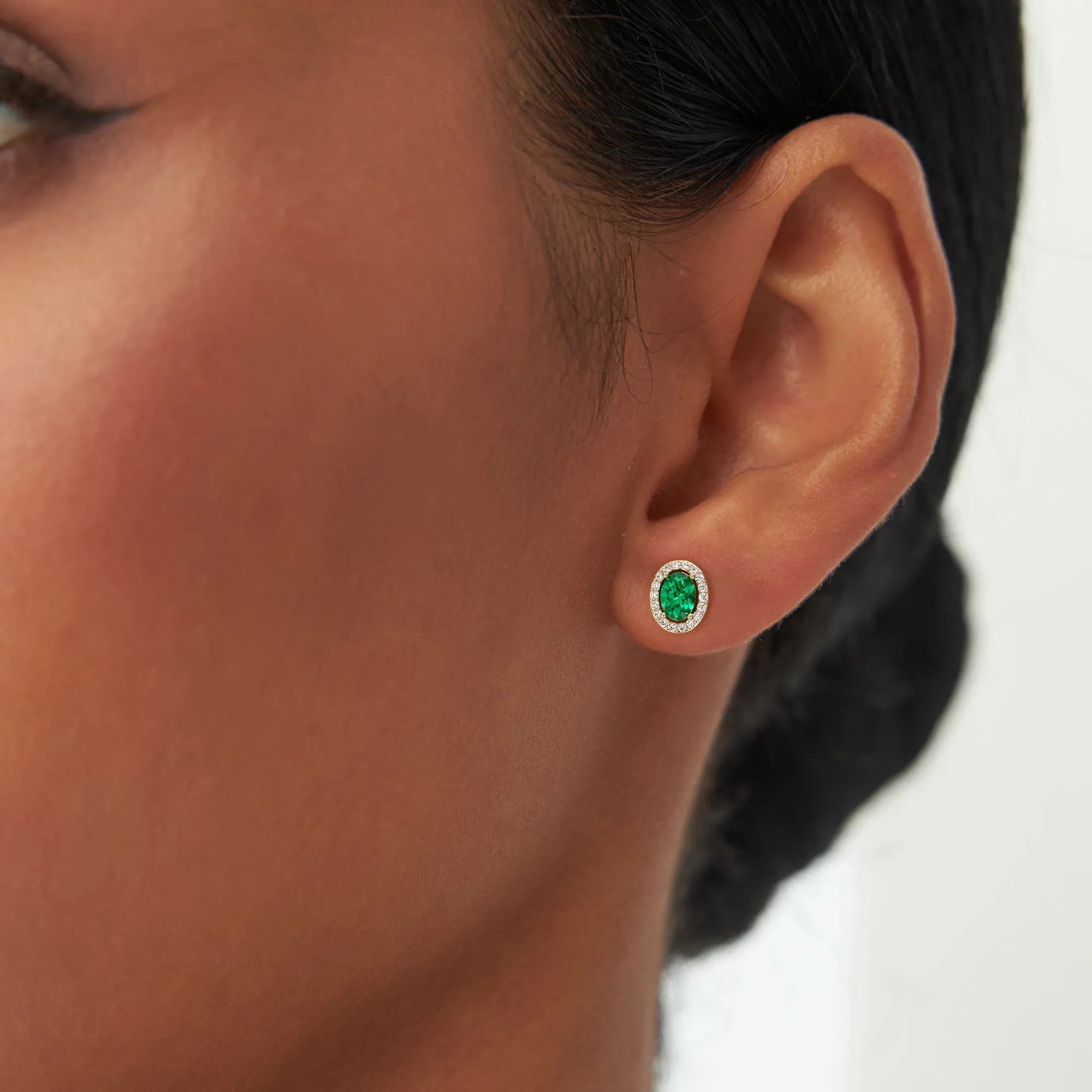 14k Gold Lab Grown Colombian Emerald and Lab Grown Diamond Oval Cut Halo Stud Earrings 1.86 ctw
