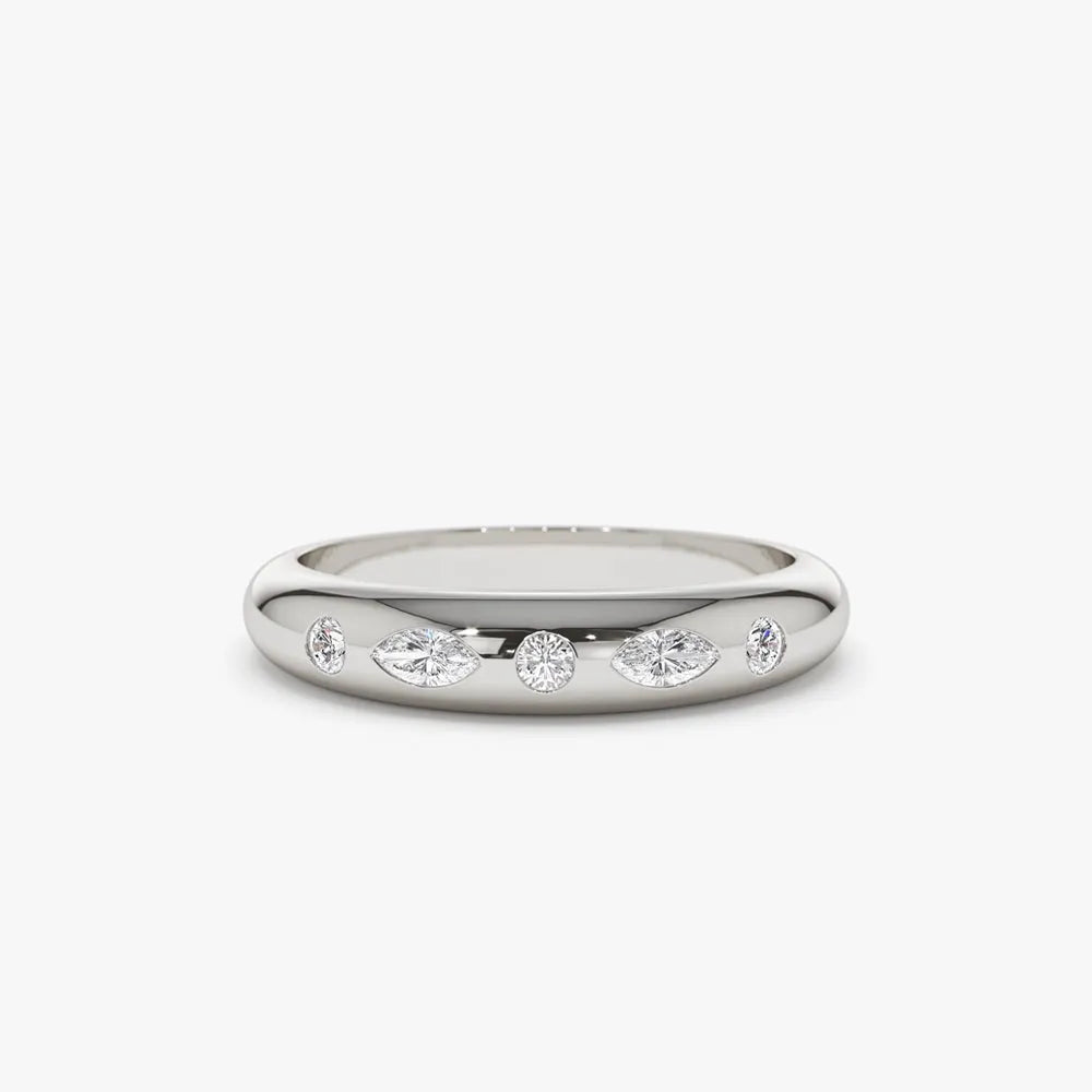 14k Gold Diamond Marquise and Round Dome Flush Setting Ring 0.22 ctw