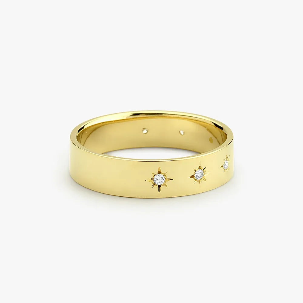 14K Gold 0.11ctw Round Diamond 4.5mm Starburst Engraved Star Setting Thick Band Ring