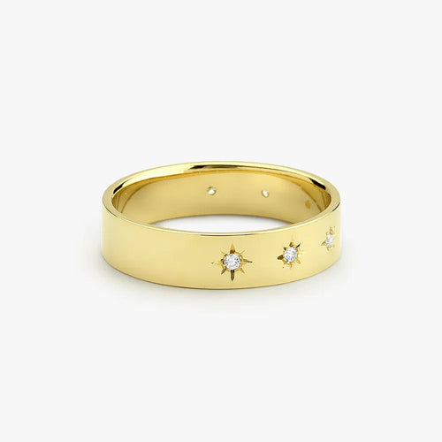 14K Gold 0.11ctw Round Diamond 4.5mm Starburst Engraved Star Setting Thick Band Ring