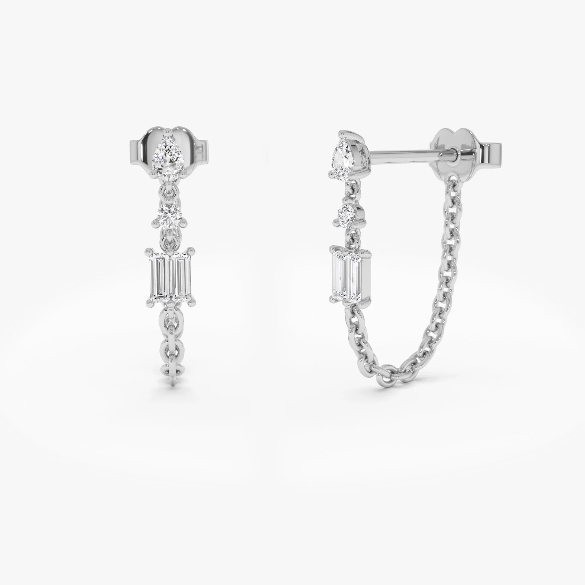 14k Gold Diamond Mixed Cut Baguette Pear and Round Chain Dangle Earrings 0.35 ctw