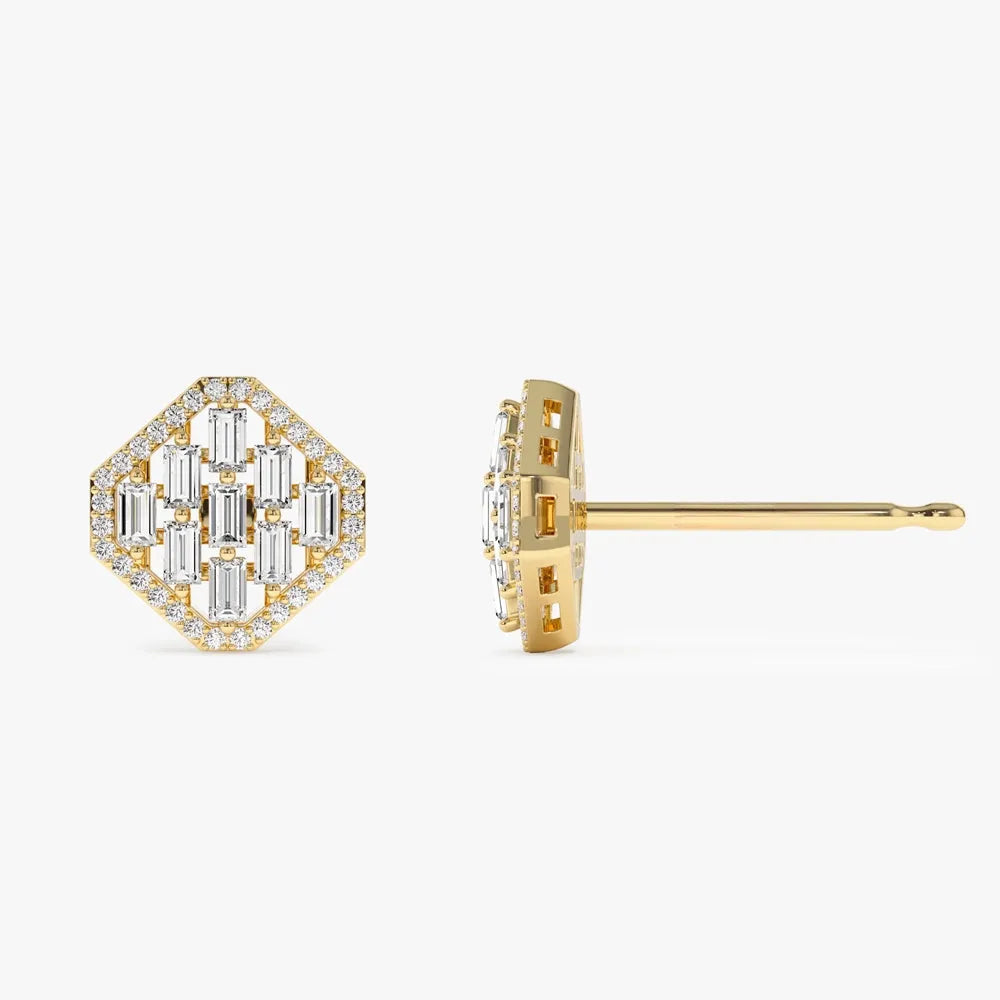 14k Gold Diamond Baguette and Round Cut Halo Stud Earrings Prong Setting 0.63 ctw