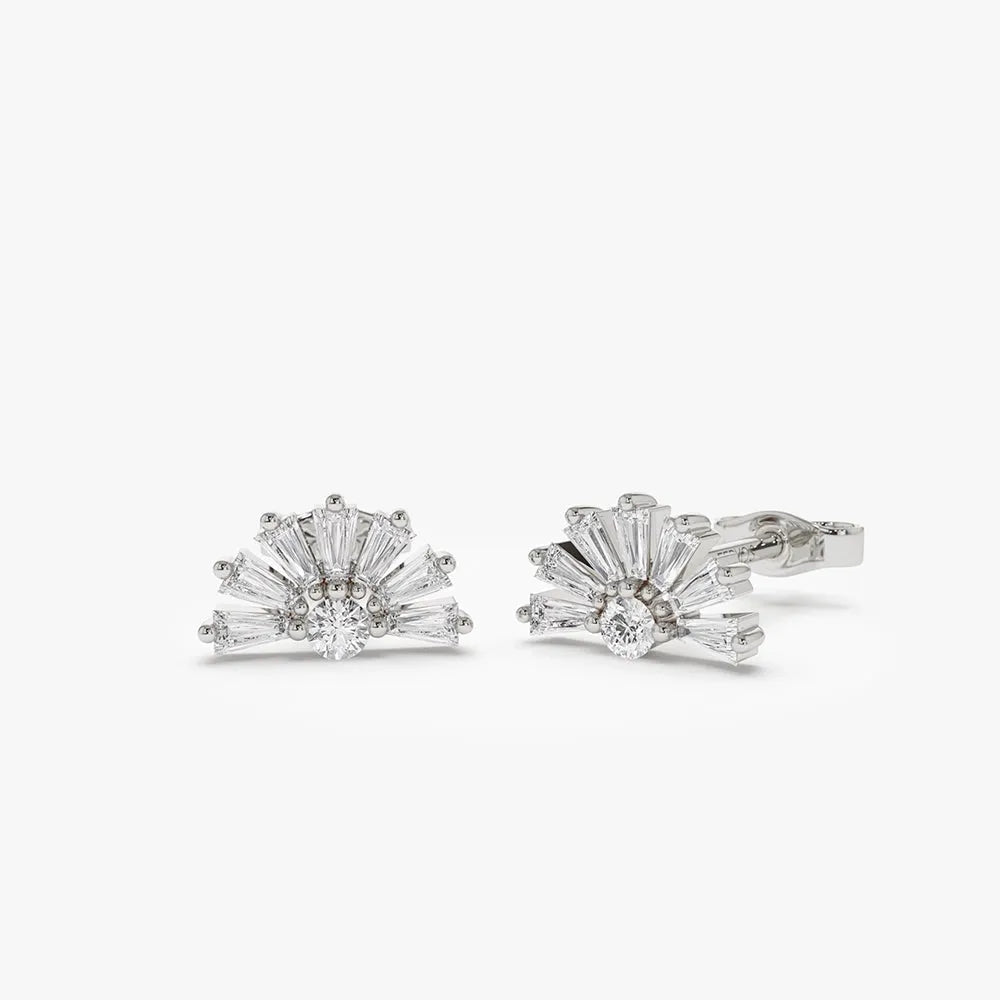 14k Gold Diamond Tapered Baguette Half Round Stud Earrings 0.28 ctw