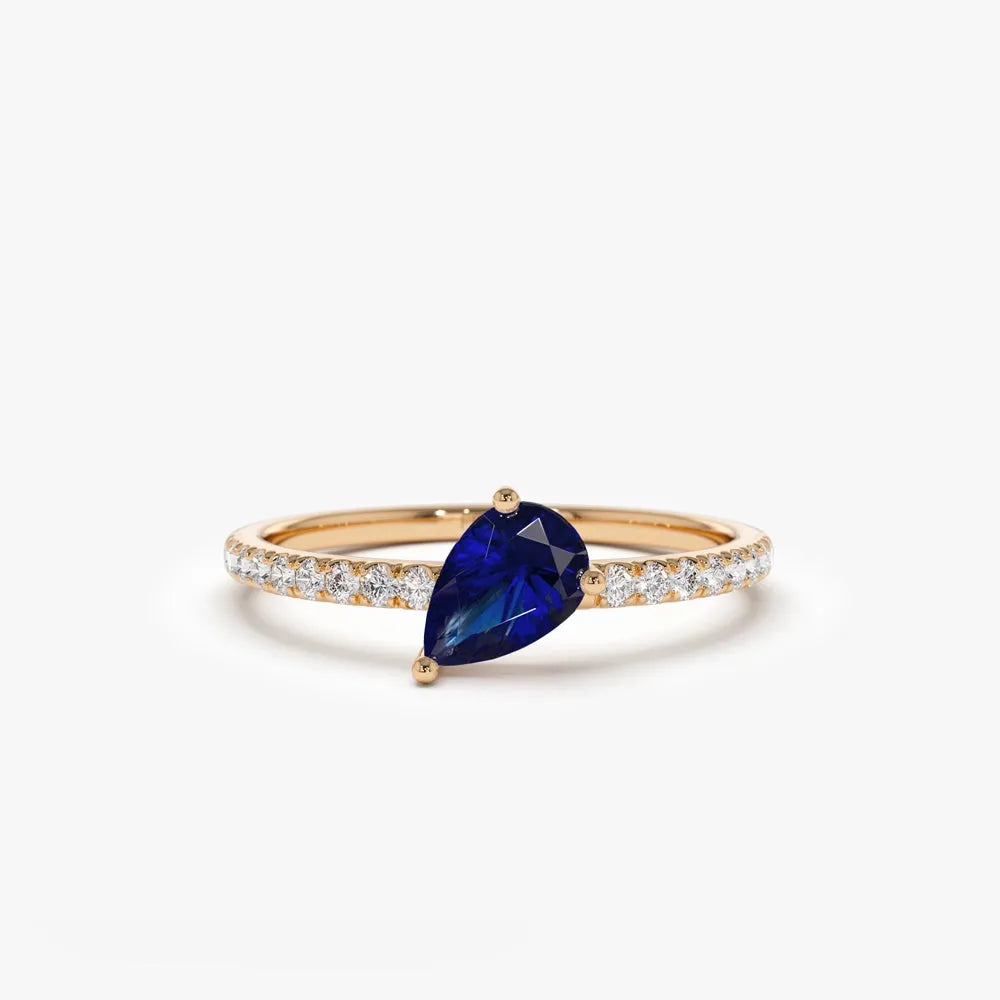 14k Gold Sapphire and Diamond Pear and Round Cut Slanted Pave Ring 0.67 ctw
