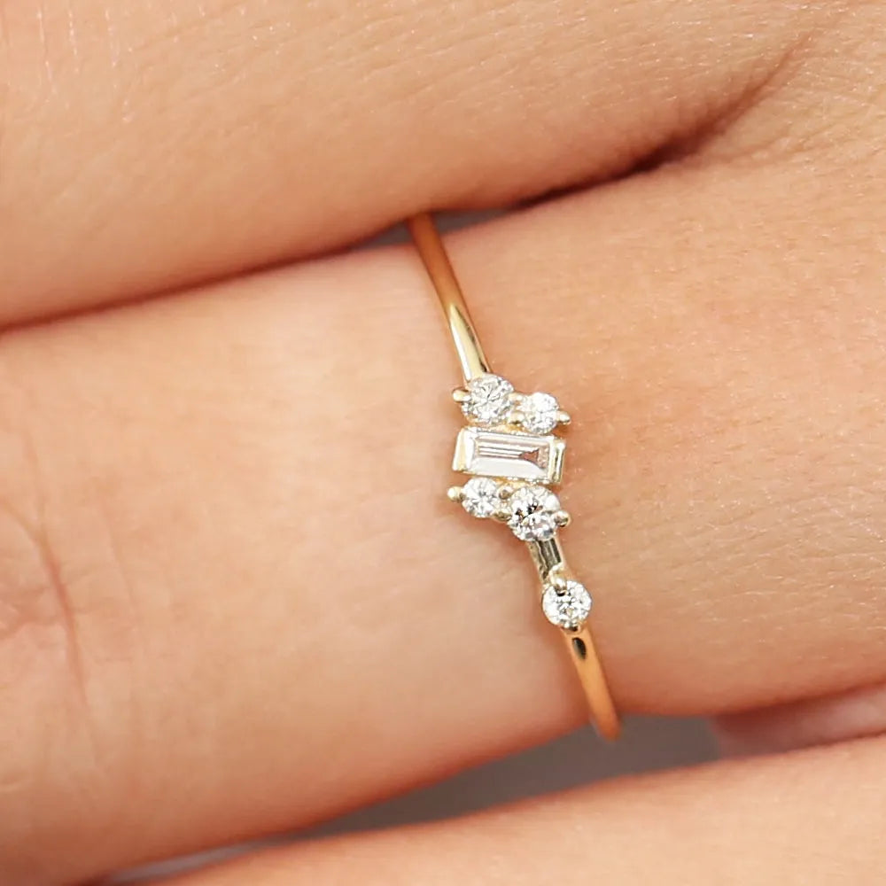 14K Solid Gold 0.15 Ctw Slanted Baguette and Round Diamond Asymmetrical Ring